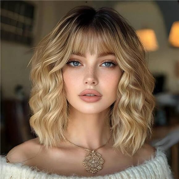 Ombre Blonde Wigs with Bangs Blond Wig for Women 14Inch Short Wavy Wigs